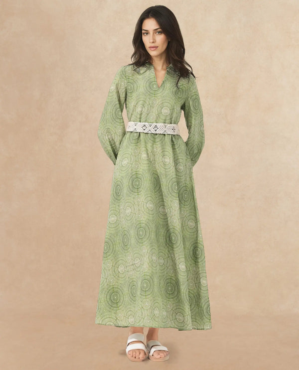 Rareism Women Bledel Pastel Green Rayon Nylon Fabric Regular Sleeves V-Neck Abstract Print Longline Dress