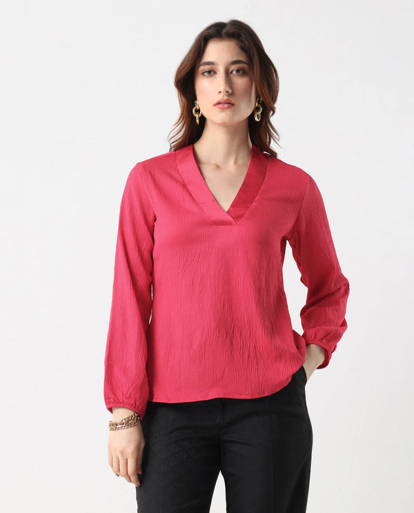 Rareism Women Boco Pink Balloon Sleeve V-Neck Regular Fit Plain Top