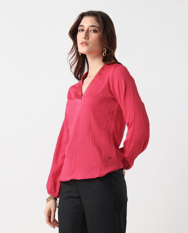 Rareism Women Boco Pink Balloon Sleeve V-Neck Regular Fit Plain Top