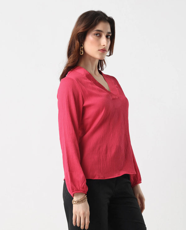 Rareism Women Boco Pink Balloon Sleeve V-Neck Regular Fit Plain Top