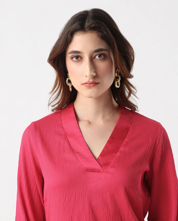 Rareism Women Boco Pink Balloon Sleeve V-Neck Regular Fit Plain Top