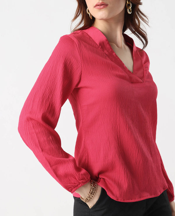 Rareism Women Boco Pink Balloon Sleeve V-Neck Regular Fit Plain Top