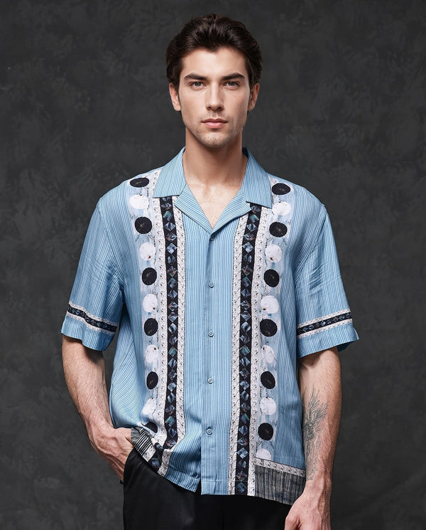 Rare Rabbit Mens Bortan Light Blue Boxy Fit Short Sleeve Placement Print Cuban Collar Shirt