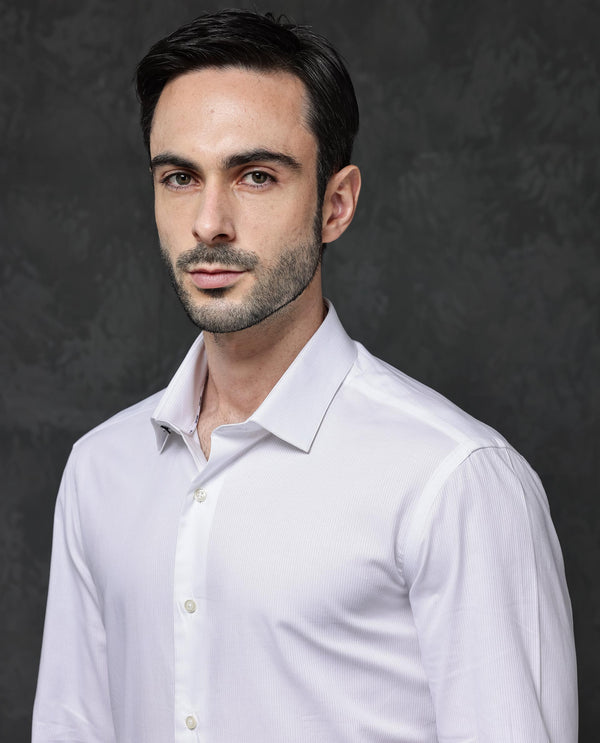 Rare Rabbit Mens Bovec White Full Sleeve Dobby Texture Regular Collar Solid Shirt
