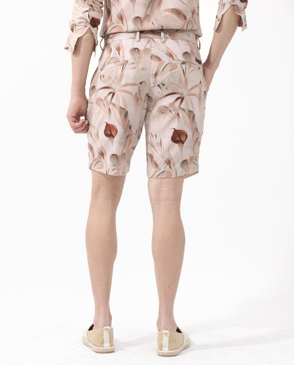 Rare Rabbit Men's Bower Brown Viscose Fabric Knee Length Tropical Print Shorts
