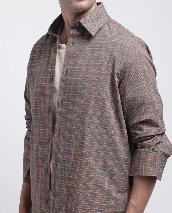 Rare Rabbit Men's Boxy Dark Olive Cotton Fabric Full Sleeve Collared Neck Button Closure Printed Shirt