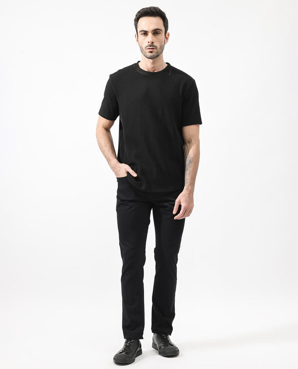 Rare Rabbit Men's Bree Black Crew Neck Ottoman Textured Drop Shoulder Half Sleeves Oversized Fit T-Shirt