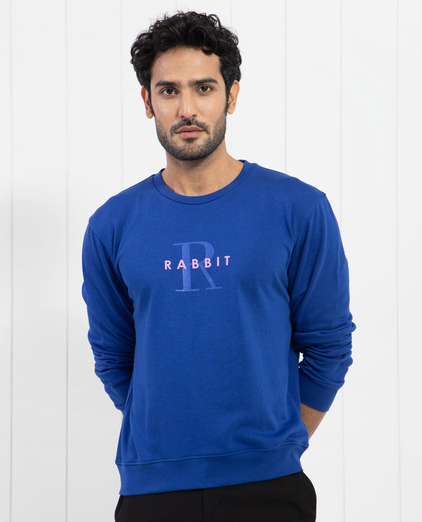 Rare Rabbit Men's Brewet Fluorescent Blue Cotton Polyester Fabric Full Sleeves Graphic  Print Sweatshirt