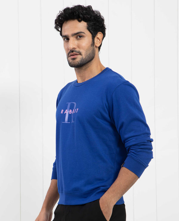 Rare Rabbit Men's Brewet Fluorescent Blue Cotton Polyester Fabric Full Sleeves Graphic  Print Sweatshirt