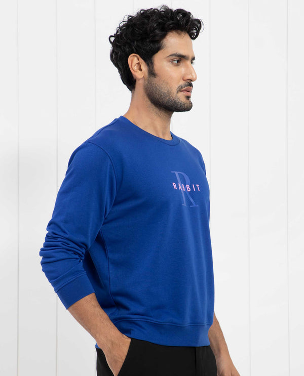 Rare Rabbit Men's Brewet Fluorescent Blue Cotton Polyester Fabric Full Sleeves Graphic  Print Sweatshirt