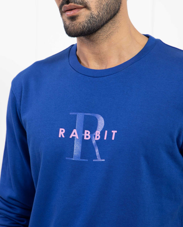 Rare Rabbit Men's Brewet Fluorescent Blue Cotton Polyester Fabric Full Sleeves Graphic  Print Sweatshirt