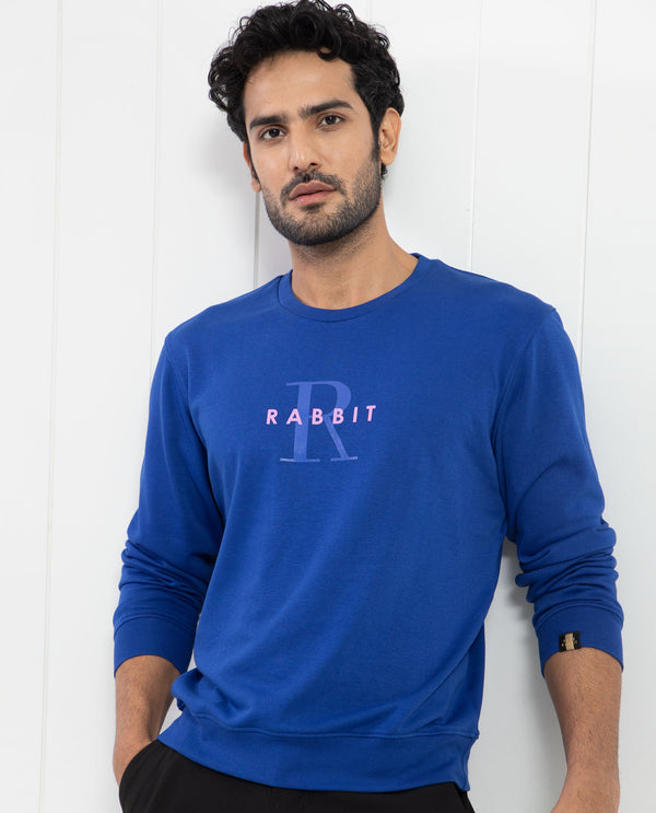 Rare Rabbit Men's Brewet Fluorescent Blue Cotton Polyester Fabric Full Sleeves Graphic  Print Sweatshirt