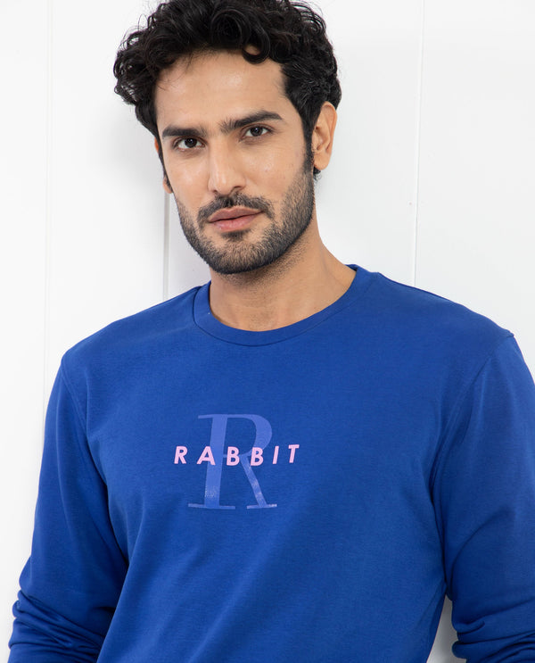 Rare Rabbit Men's Brewet Fluorescent Blue Cotton Polyester Fabric Full Sleeves Graphic  Print Sweatshirt