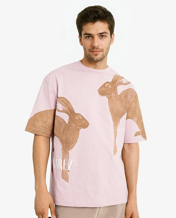 Rare Rabbit Men Bunn Dusky Pink Short Sleeve Crew Neck Oversized Fit Graphic Print T-Shirt