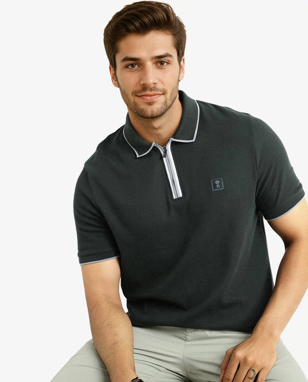 Rare Rabbit Men's Burrow Dark Green Cotton Fabric Short Sleeve Contrasting Collar and Placket Detailing Zip Closure Regular Fit Textured Polo T-Shirt