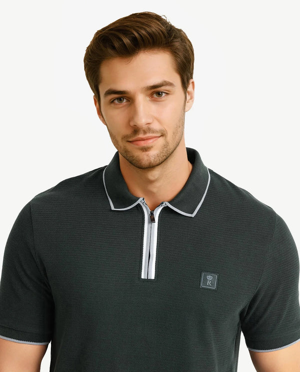 Rare Rabbit Men's Burrow Dark Green Cotton Fabric Short Sleeve Contrasting Collar and Placket Detailing Zip Closure Regular Fit Textured Polo T-Shirt
