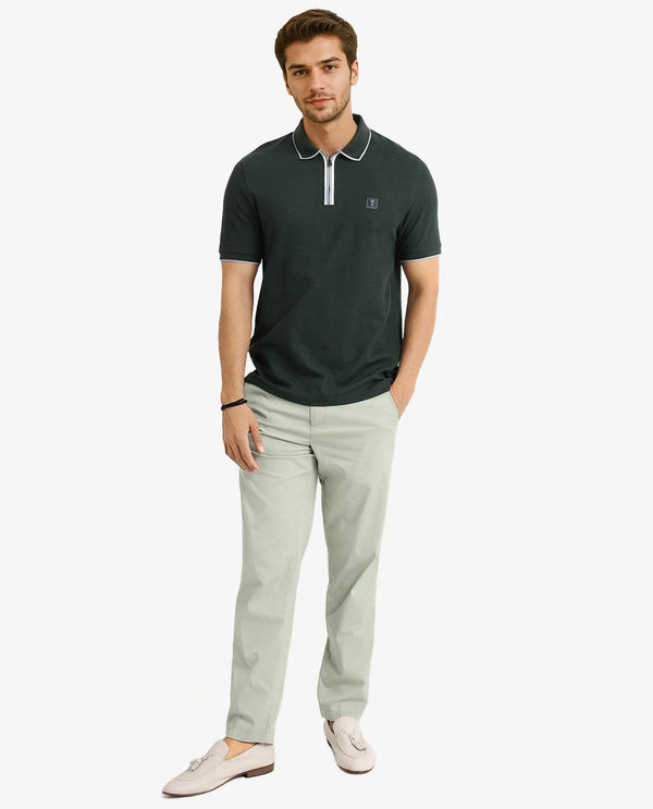 Rare Rabbit Men's Burrow Dark Green Cotton Fabric Short Sleeve Contrasting Collar and Placket Detailing Zip Closure Regular Fit Textured Polo T-Shirt