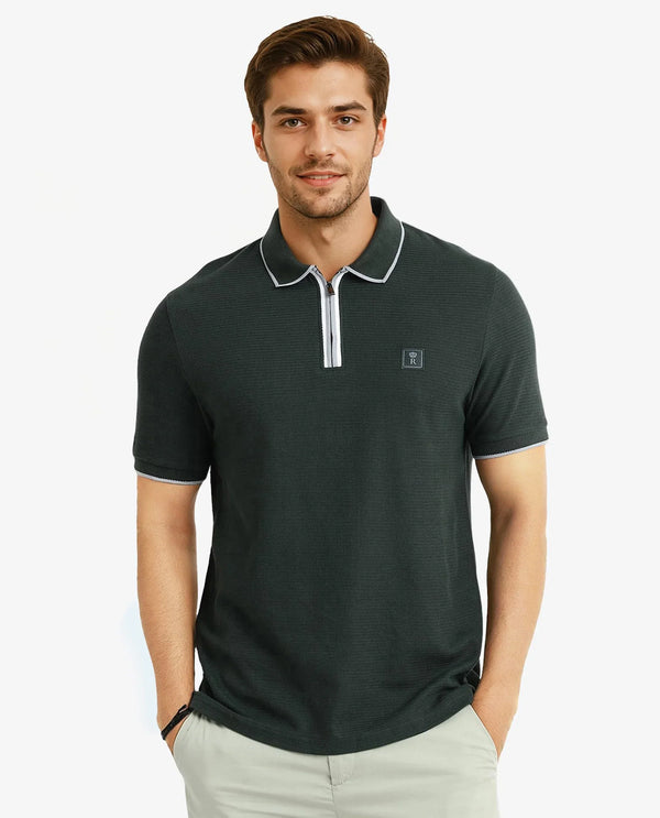 Rare Rabbit Men's Burrow Dark Green Cotton Fabric Short Sleeve Contrasting Collar and Placket Detailing Zip Closure Regular Fit Textured Polo T-Shirt