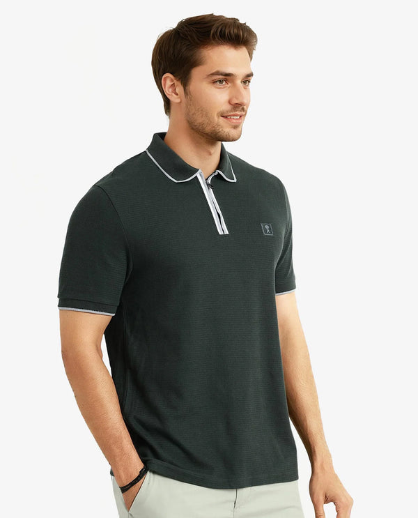Rare Rabbit Men's Burrow Dark Green Cotton Fabric Short Sleeve Contrasting Collar and Placket Detailing Zip Closure Regular Fit Textured Polo T-Shirt