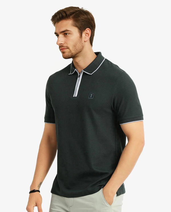 Rare Rabbit Men's Burrow Dark Green Cotton Fabric Short Sleeve Contrasting Collar and Placket Detailing Zip Closure Regular Fit Textured Polo T-Shirt