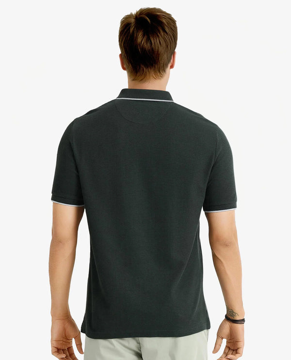 Rare Rabbit Men's Burrow Dark Green Cotton Fabric Short Sleeve Contrasting Collar and Placket Detailing Zip Closure Regular Fit Textured Polo T-Shirt