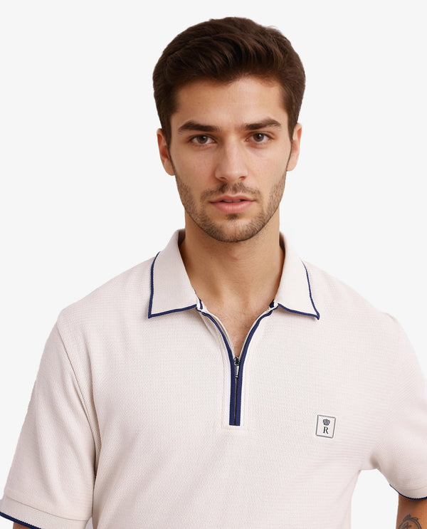 Rare Rabbit Men's Burrow Off White Cotton Fabric Short Sleeve Contrasting Collar and Placket Detailing Zip Closure Regular Fit Textured Polo T-Shirt