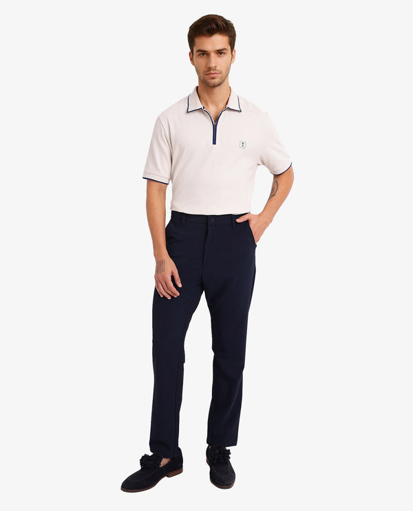 Rare Rabbit Men's Burrow Off White Cotton Fabric Short Sleeve Contrasting Collar and Placket Detailing Zip Closure Regular Fit Textured Polo T-Shirt