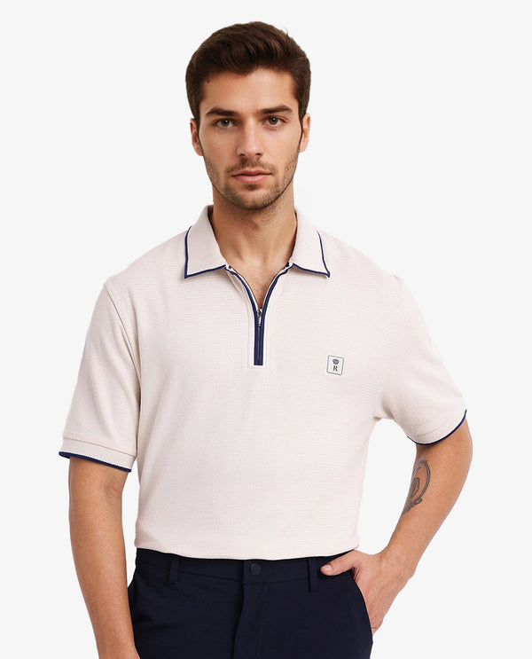 Rare Rabbit Men's Burrow Off White Cotton Fabric Short Sleeve Contrasting Collar and Placket Detailing Zip Closure Regular Fit Textured Polo T-Shirt