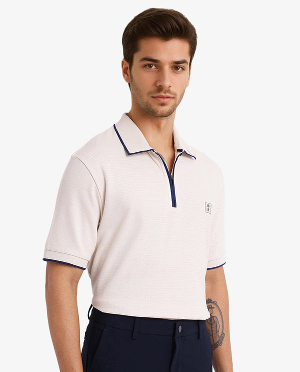 Rare Rabbit Men's Burrow Off White Cotton Fabric Short Sleeve Contrasting Collar and Placket Detailing Zip Closure Regular Fit Textured Polo T-Shirt