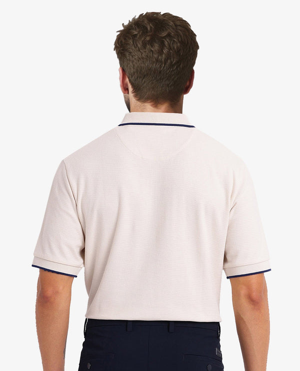 Rare Rabbit Men's Burrow Off White Cotton Fabric Short Sleeve Contrasting Collar and Placket Detailing Zip Closure Regular Fit Textured Polo T-Shirt