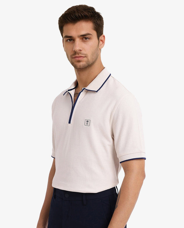 Rare Rabbit Men's Burrow Off White Cotton Fabric Short Sleeve Contrasting Collar and Placket Detailing Zip Closure Regular Fit Textured Polo T-Shirt