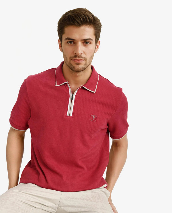 Rare Rabbit Men's Burrow Red Cotton Fabric Short Sleeve Contrasting Collar and Placket Detailing Zip Closure Regular Fit Textured Polo T-Shirt