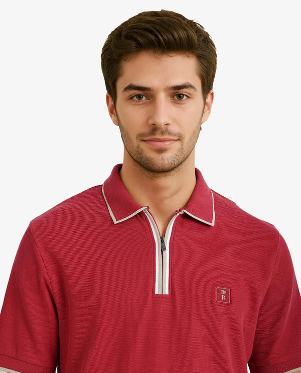 Rare Rabbit Men's Burrow Red Cotton Fabric Short Sleeve Contrasting Collar and Placket Detailing Zip Closure Regular Fit Textured Polo T-Shirt
