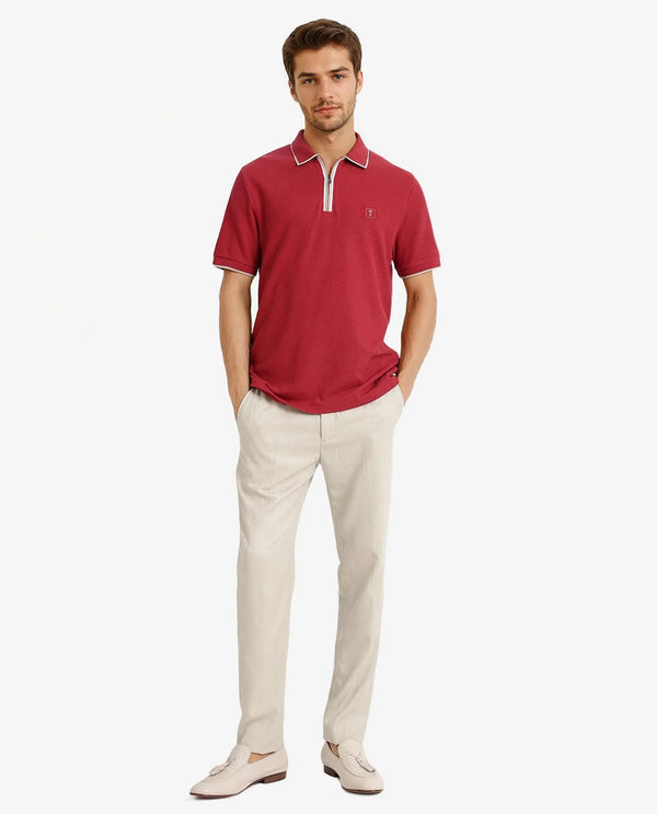 Rare Rabbit Men's Burrow Red Cotton Fabric Short Sleeve Contrasting Collar and Placket Detailing Zip Closure Regular Fit Textured Polo T-Shirt