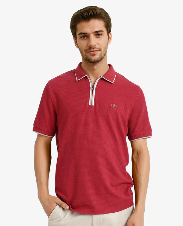 Rare Rabbit Men's Burrow Red Cotton Fabric Short Sleeve Contrasting Collar and Placket Detailing Zip Closure Regular Fit Textured Polo T-Shirt