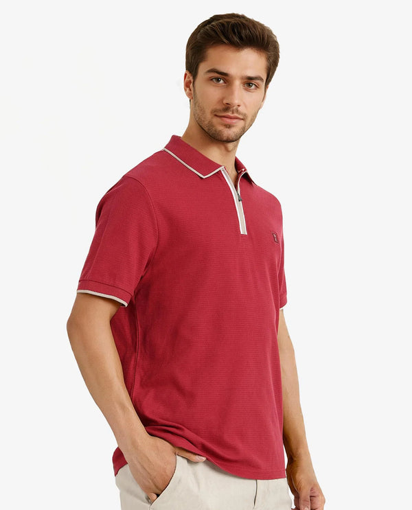 Rare Rabbit Men's Burrow Red Cotton Fabric Short Sleeve Contrasting Collar and Placket Detailing Zip Closure Regular Fit Textured Polo T-Shirt