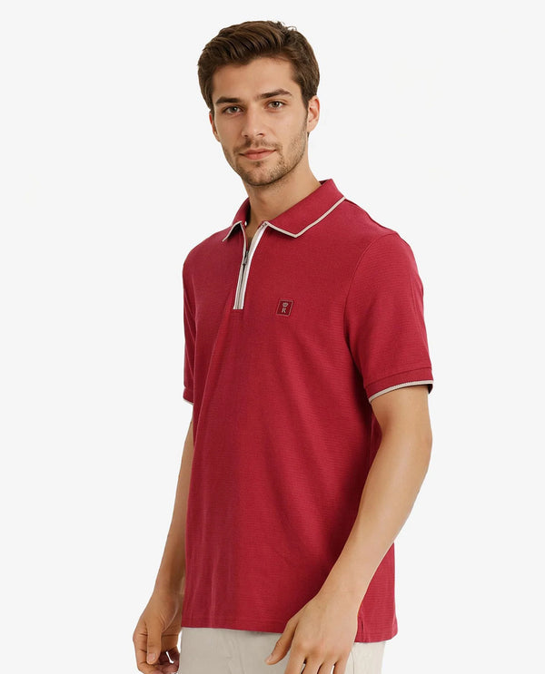 Rare Rabbit Men's Burrow Red Cotton Fabric Short Sleeve Contrasting Collar and Placket Detailing Zip Closure Regular Fit Textured Polo T-Shirt