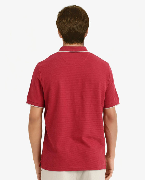 Rare Rabbit Men's Burrow Red Cotton Fabric Short Sleeve Contrasting Collar and Placket Detailing Zip Closure Regular Fit Textured Polo T-Shirt
