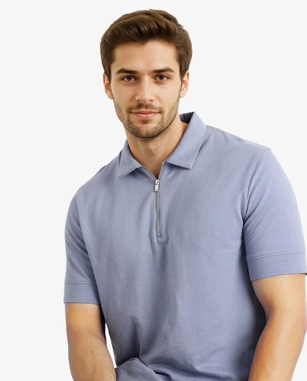 Rare Rabbit Men Cabe-1 Dusky Blue Cotton Fabric Zipper Closure Half Sleeve Tonal Jacquard Polo T-Shirt