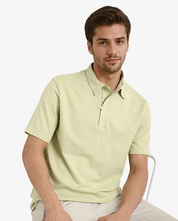 Rare Rabbit Men Caben Light Green Cotton Fabric Zipper Closure Half Sleeve Tonal Jacquard Polo T-Shirt