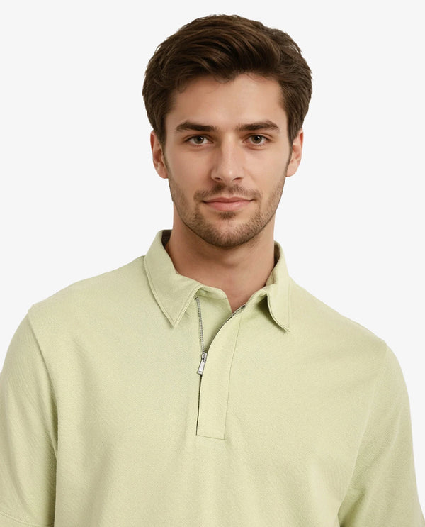 Rare Rabbit Men Caben Light Green Cotton Fabric Zipper Closure Half Sleeve Tonal Jacquard Polo T-Shirt
