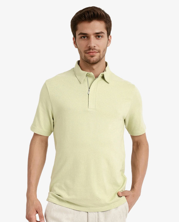 Rare Rabbit Men Caben Light Green Cotton Fabric Zipper Closure Half Sleeve Tonal Jacquard Polo T-Shirt