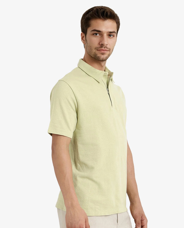 Rare Rabbit Men Caben Light Green Cotton Fabric Zipper Closure Half Sleeve Tonal Jacquard Polo T-Shirt
