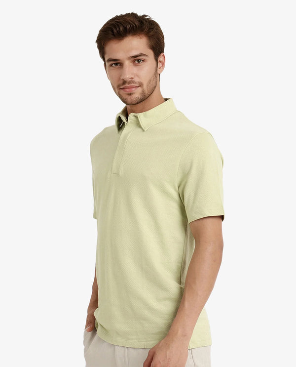 Rare Rabbit Men Caben Light Green Cotton Fabric Zipper Closure Half Sleeve Tonal Jacquard Polo T-Shirt