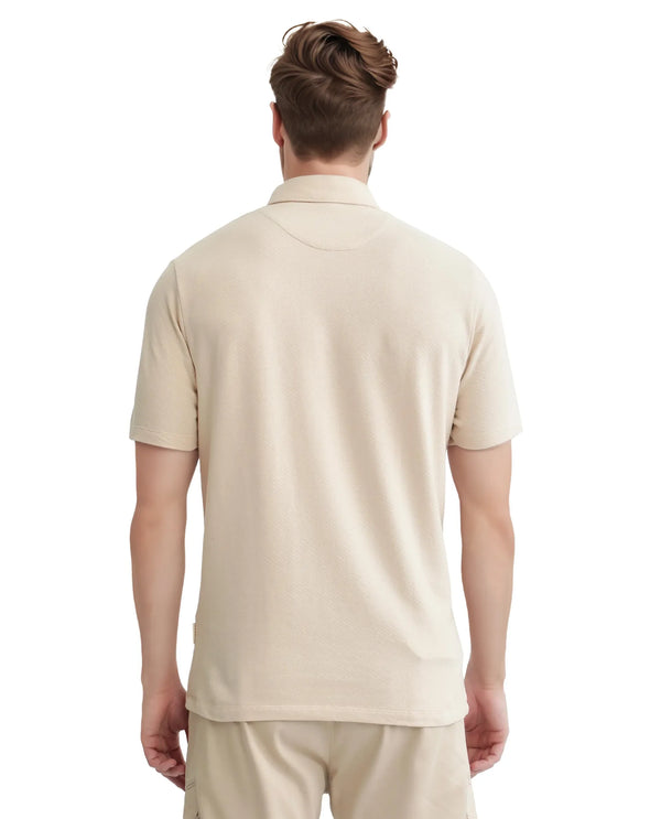 Rare Rabbit Men Caben Light Beige Cotton Fabric Zipper Closure Half Sleeve Tonal Jacquard Polo T-Shirt