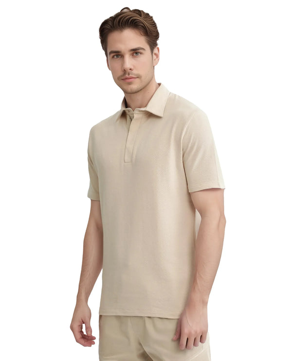 Rare Rabbit Men Caben Light Beige Cotton Fabric Zipper Closure Half Sleeve Tonal Jacquard Polo T-Shirt
