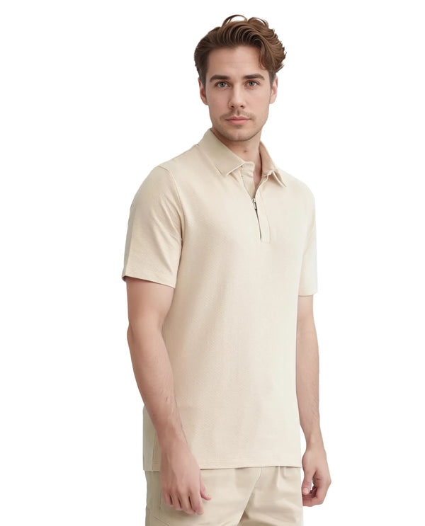Rare Rabbit Men Caben Light Beige Cotton Fabric Zipper Closure Half Sleeve Tonal Jacquard Polo T-Shirt