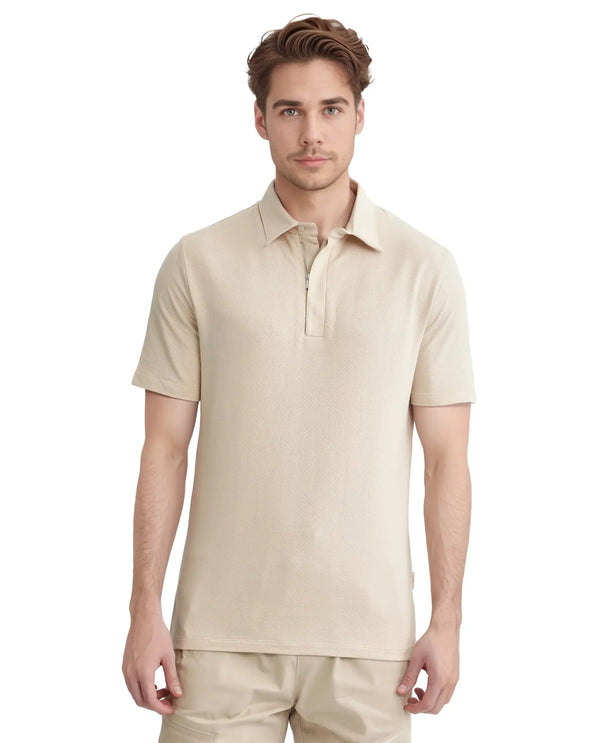 Rare Rabbit Men Caben Light Beige Cotton Fabric Zipper Closure Half Sleeve Tonal Jacquard Polo T-Shirt