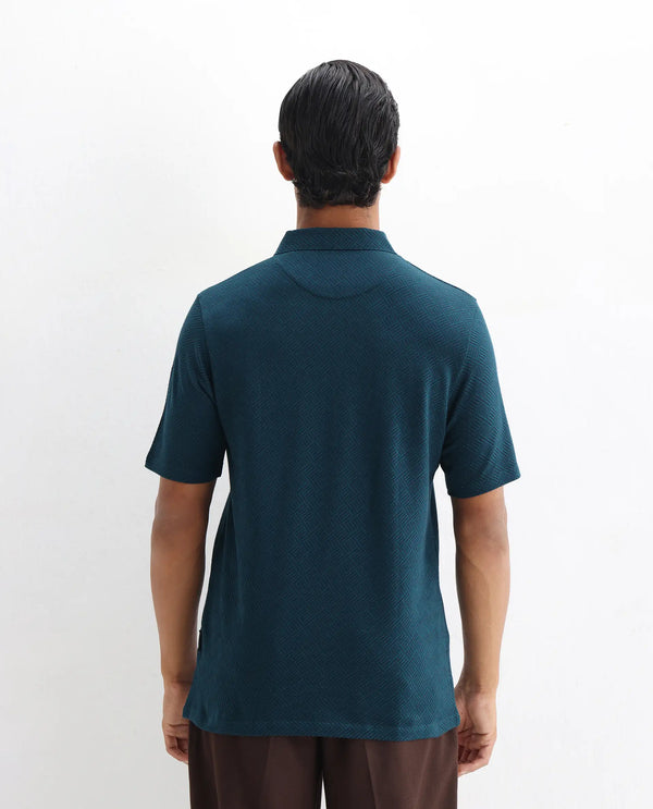 Rare Rabbit Men's Cabetta Navy Cotton Fabric Collared Neck Zipper Closure Half Sleeves Jacquard Polo T-Shirt
