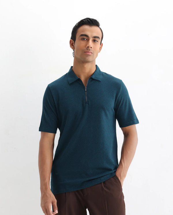 Rare Rabbit Men's Cabetta Navy Cotton Fabric Collared Neck Zipper Closure Half Sleeves Jacquard Polo T-Shirt